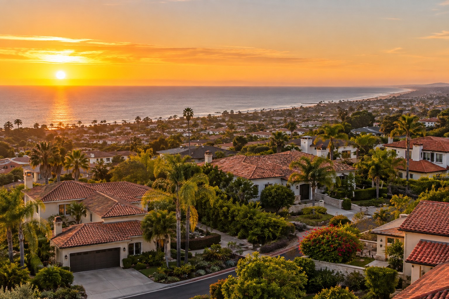 A North San Diego County coastal neighborhood at golden hour, illustrative
