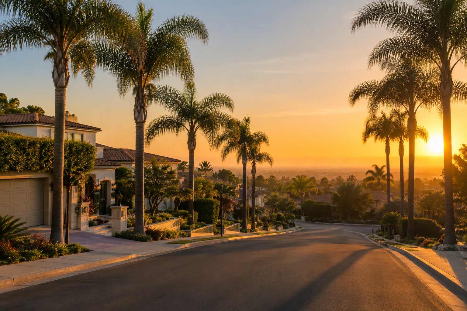 A North San Diego County street at sunset, illustrative