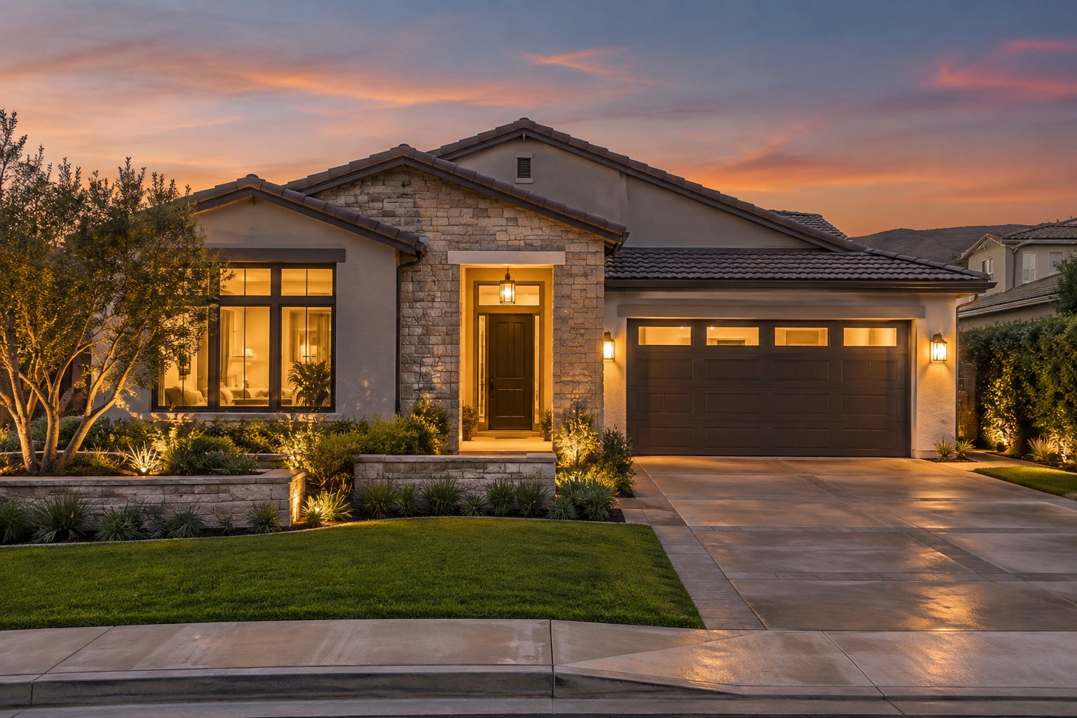 A North San Diego County home exterior at dusk, illustrative